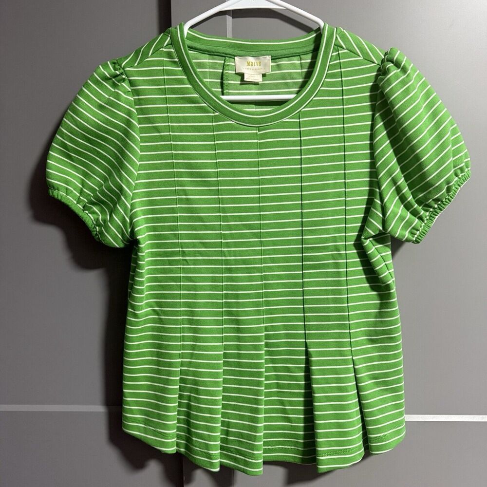 Maeve Anthropologie Women Puff Sleeve Peplum Stripe Corset Top Green White XS